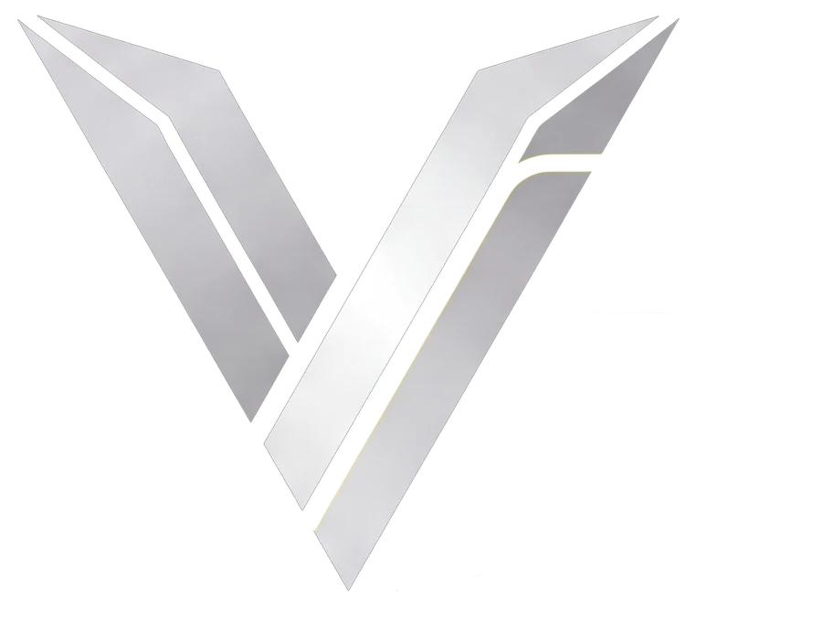 Logo de Estudio Valencia: una V plateada con un circuito amarillo de tres nodos