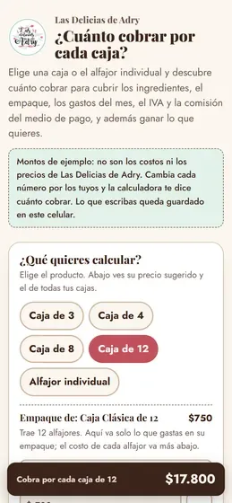 Calculadora de precios de Las Delicias de Adry en el celular